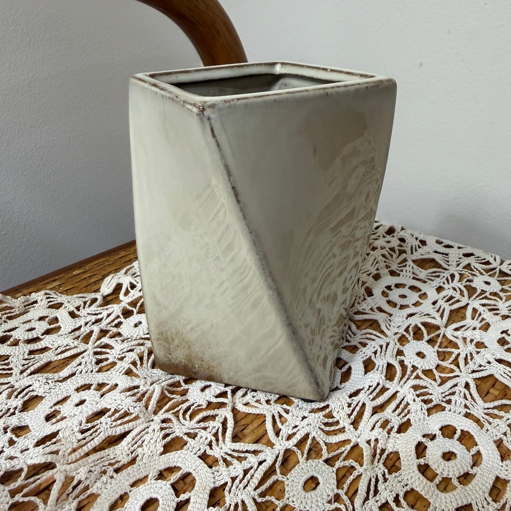 Modern Asymmetric Ceramic Vase Ivory Bronze Drip Glaze Geometric Wedge Decor